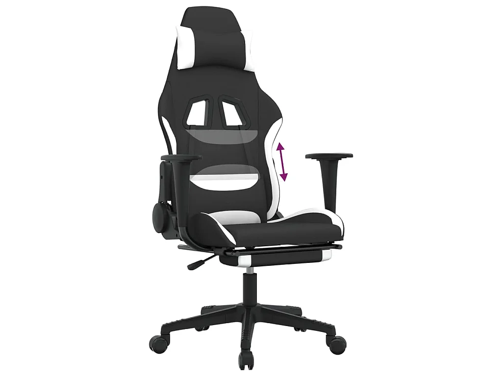 Sedia da Gaming con Poggiapiedi Nero e Bianco in Tessuto