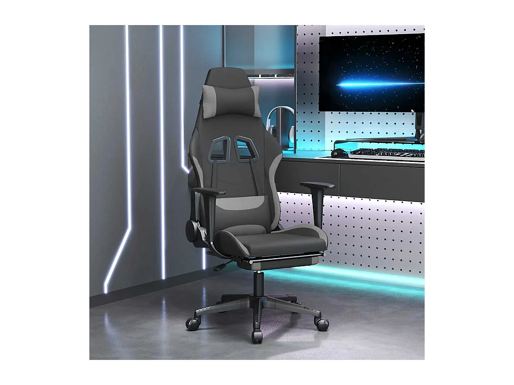 Gaming-Stuhl mit Massage & Fußstütze Schwarz und Hellgrau Stoff