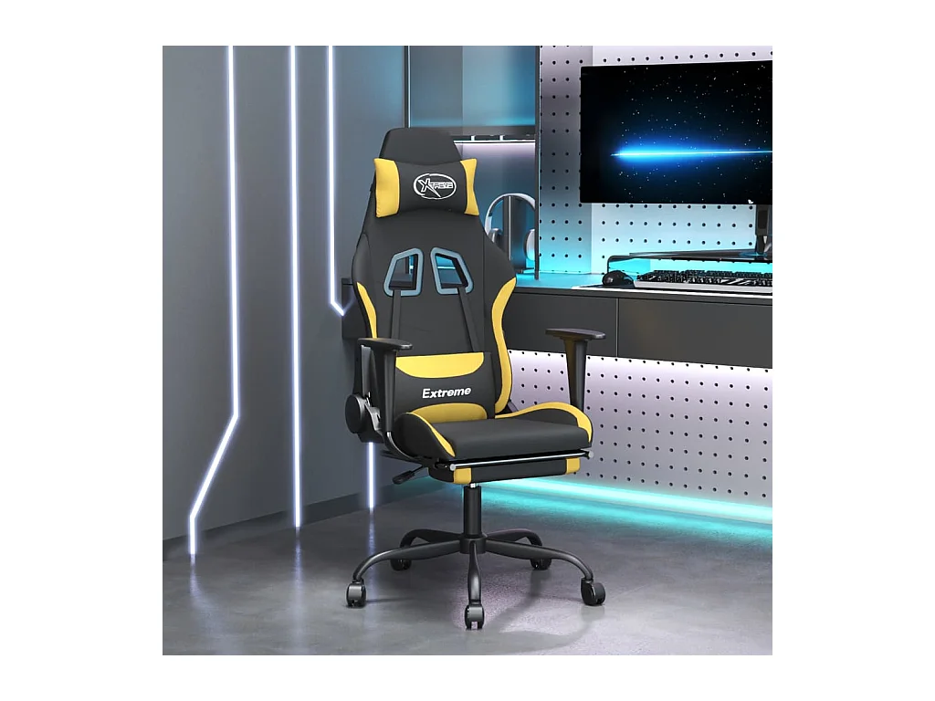 Sedia da Gaming con Poggiapiedi Nero e Giallo in Tessuto