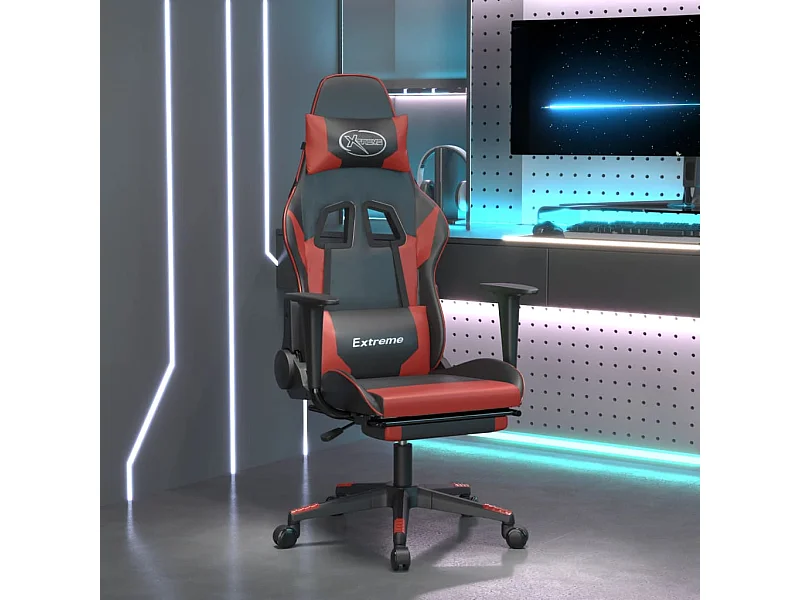 Silla gaming masaje reposapiés cuero sintético negro rojo tinto