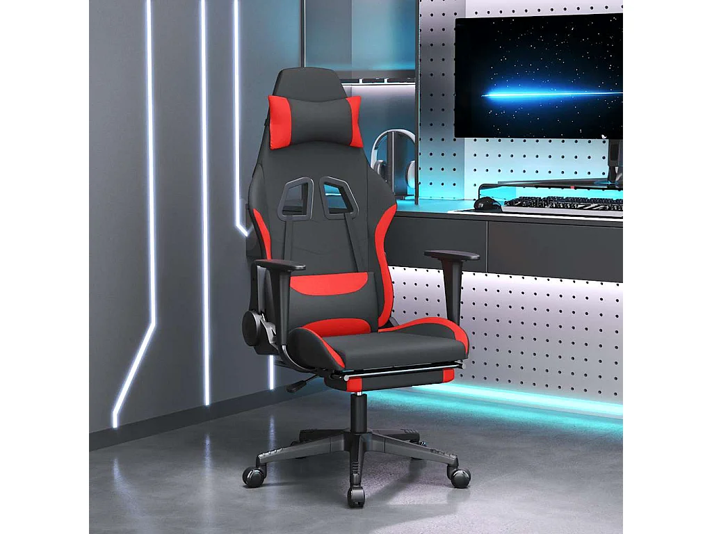 Sedia da Gaming Massaggio e Poggiapiedi Tessuto Nero e Rosso