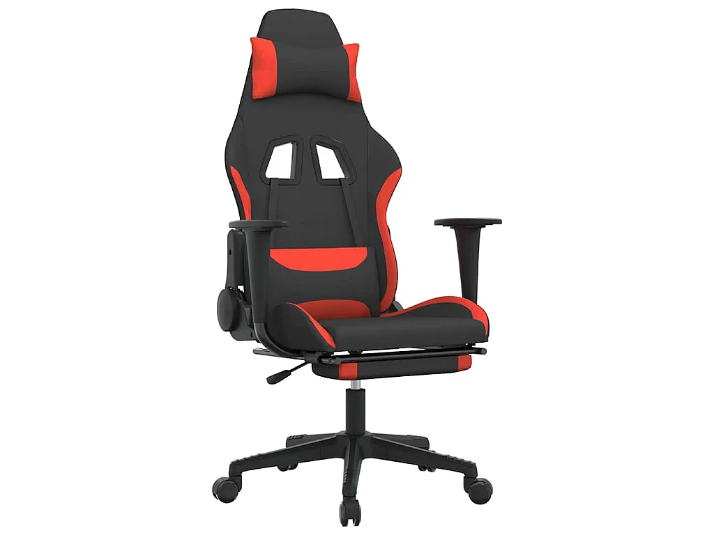 Sedia da Gaming Massaggio e Poggiapiedi Tessuto Nero e Rosso