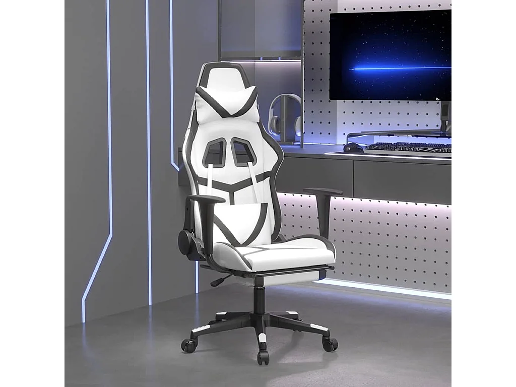 Massage gamestoel met voetensteun kunstleer wit en zwart