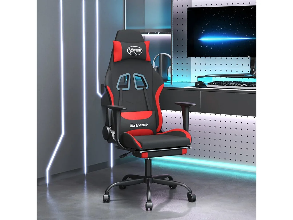 Sedia da Gaming con Poggiapiedi Rosso e Nero in Tessuto