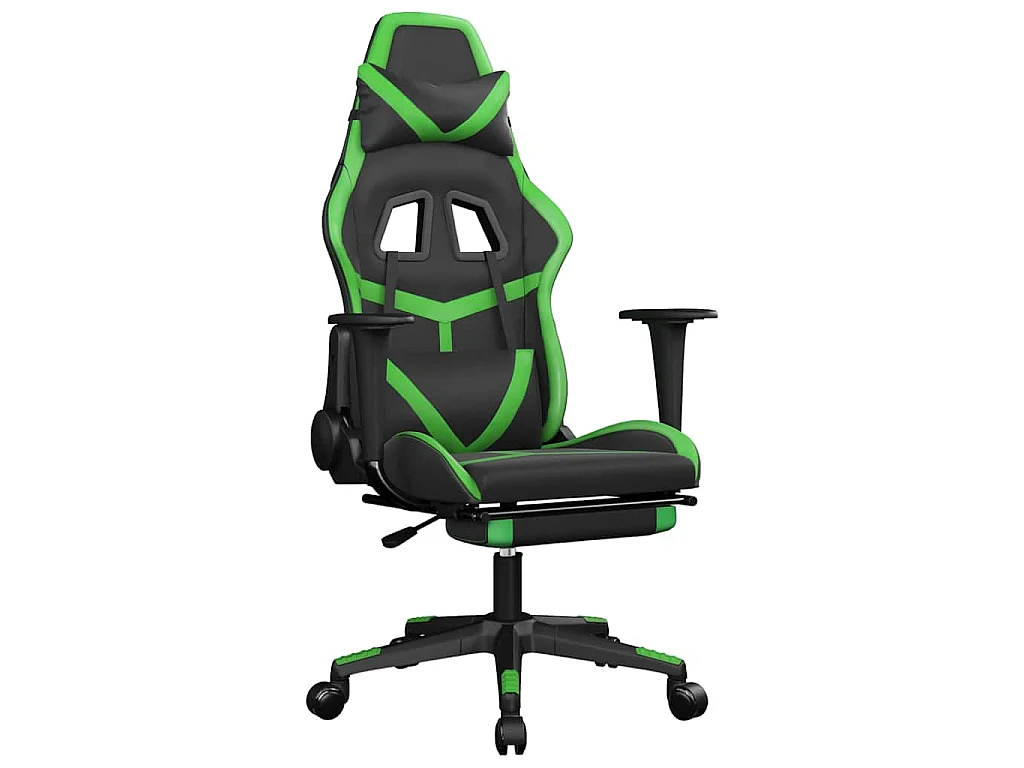 Silla gaming de masaje y reposapiés cuero sintético negro verde