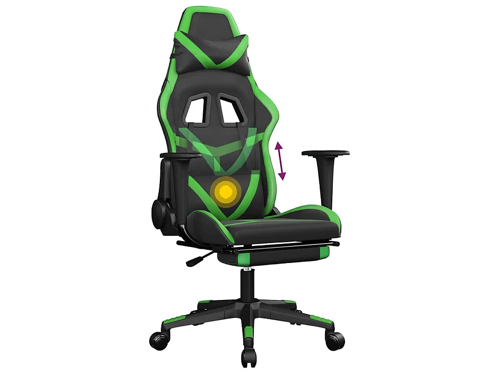 Silla gaming de masaje y reposapiés cuero sintético negro verde