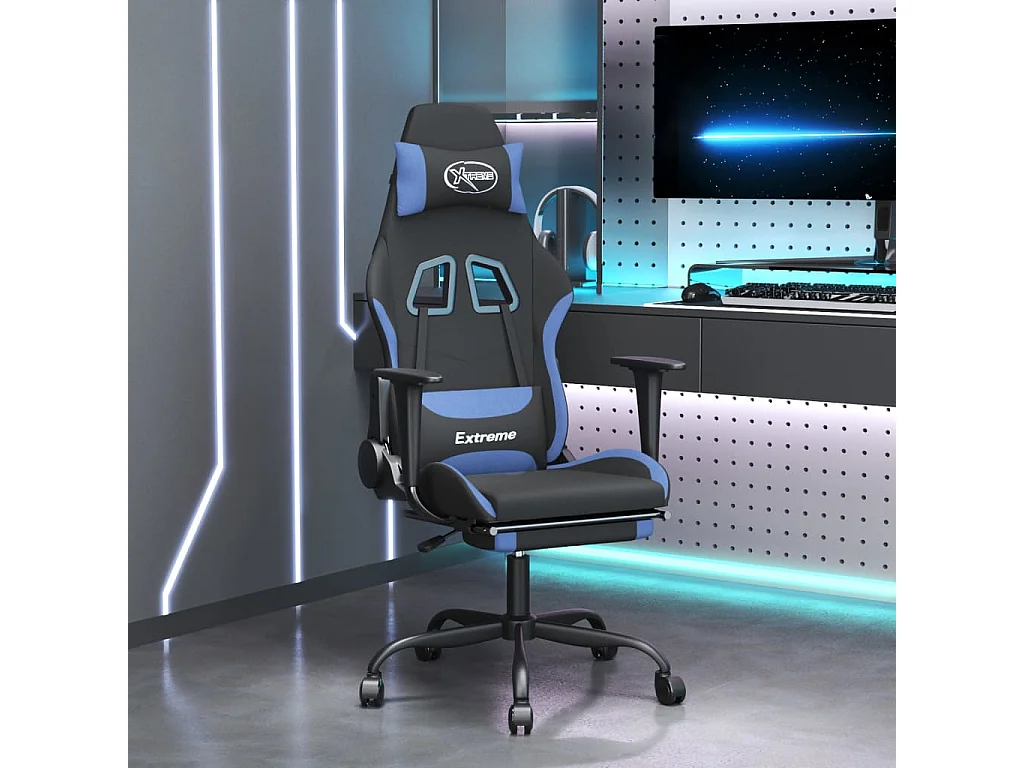 Chaise de jeu de massage avec repose-pied Noir et bleu Tissu