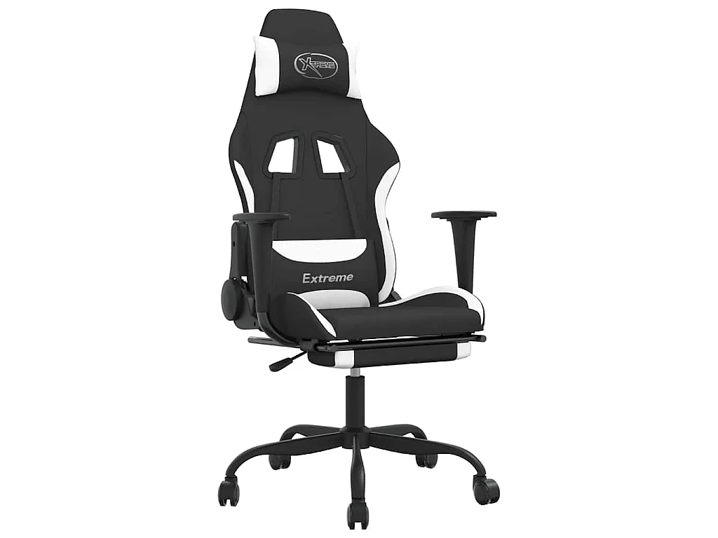 Chaise de jeu de massage avec repose-pied Noir et blanc Tissu