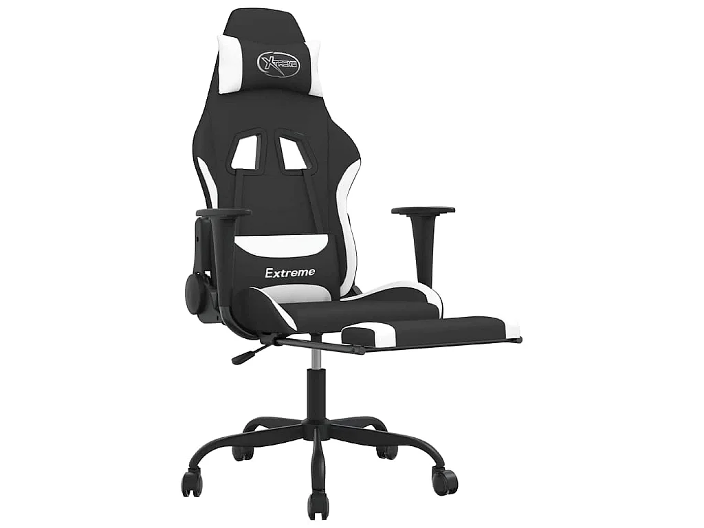 Chaise de jeu de massage avec repose-pied Noir et blanc Tissu
