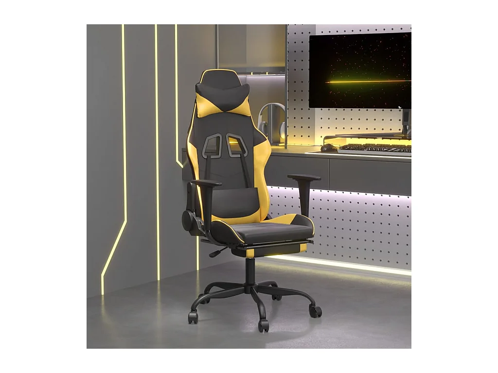 Silla gaming masaje y reposapiés cuero sintético negro dorado