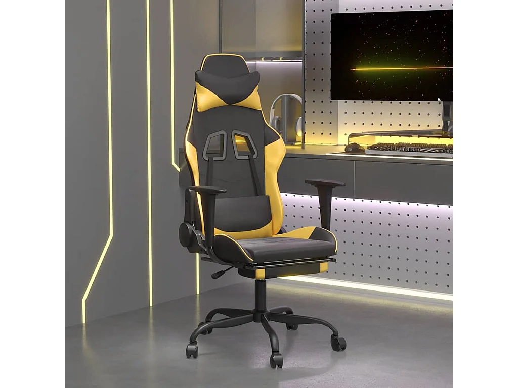 Sedia da Gaming Massaggiante Poggiapiedi Nero e Oro Similpelle