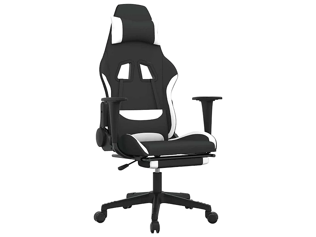 Chaise de jeu de massage avec repose-pied Noir et blanc Tissu