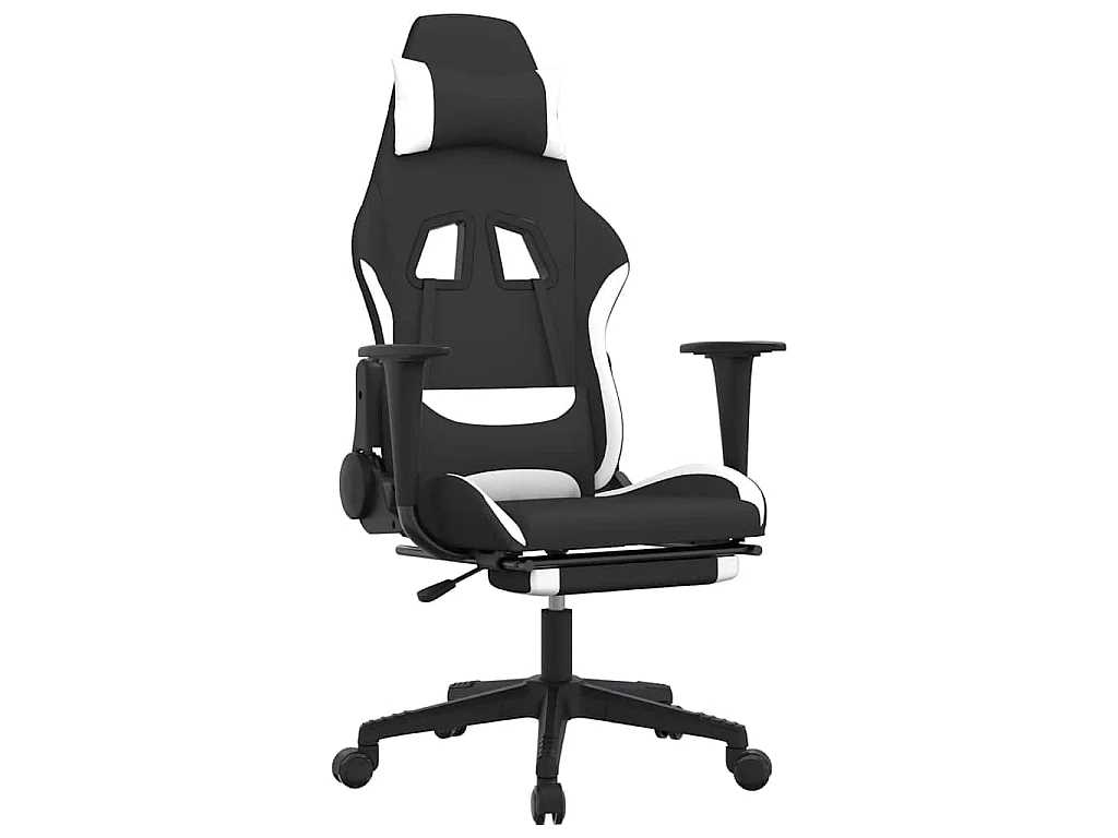 Chaise de jeu de massage avec repose-pied Noir et blanc Tissu