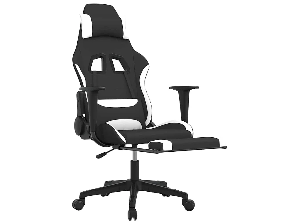 Chaise de jeu de massage avec repose-pied Noir et blanc Tissu