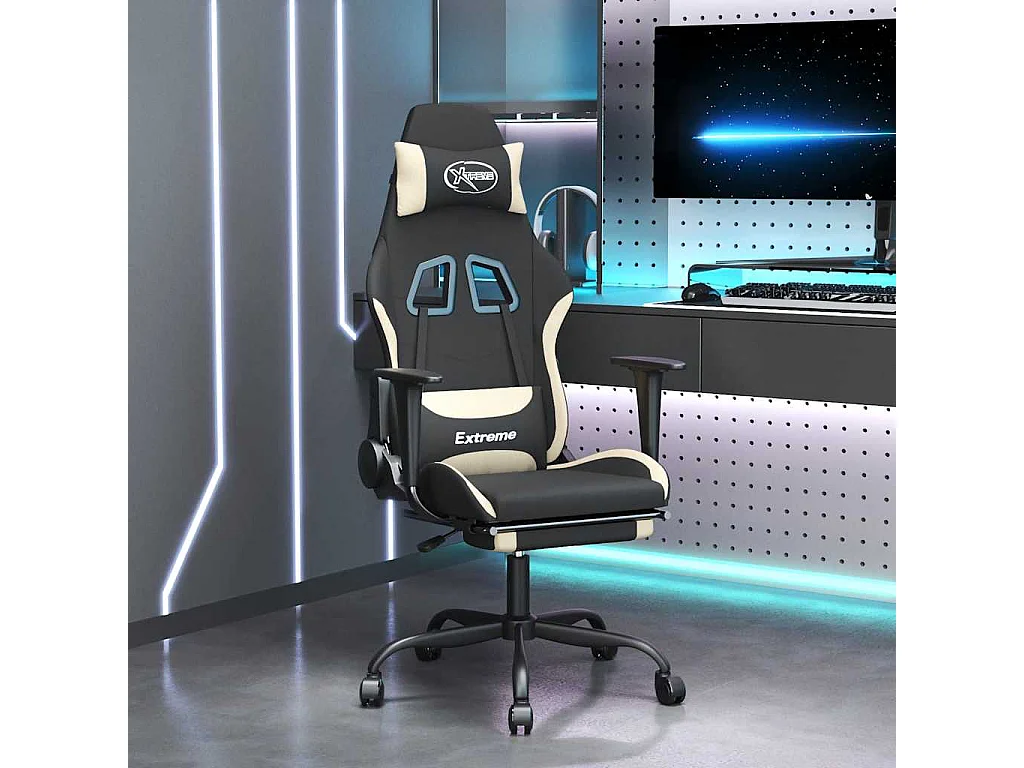 Chaise de jeu de massage avec repose-pied Noir et crème Tissu