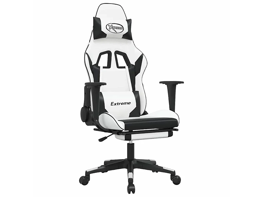 Cadeira gaming c/ apoio p/ pés couro artificial preto e branco