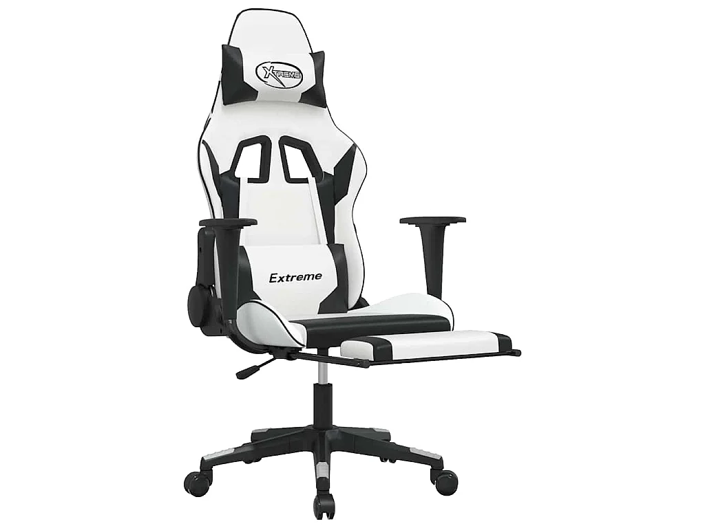 Cadeira gaming c/ apoio p/ pés couro artificial preto e branco