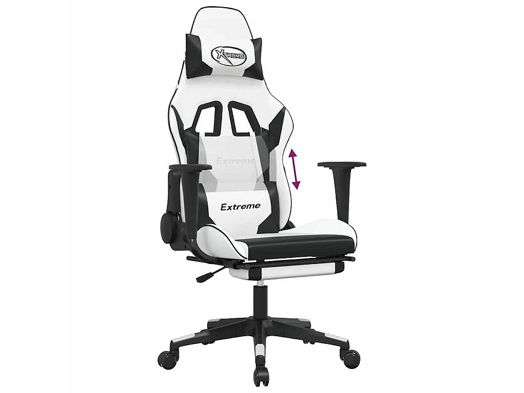 Cadeira gaming c/ apoio p/ pés couro artificial preto e branco