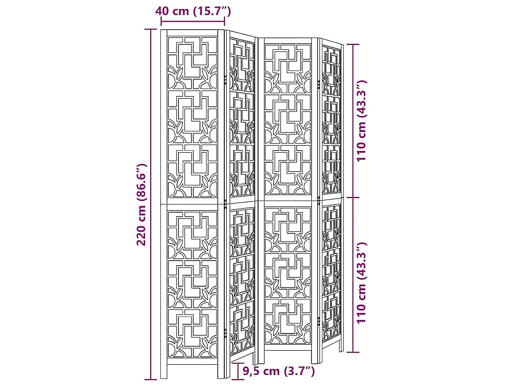 Cloison de séparation 4 panneaux marron bois paulownia massif