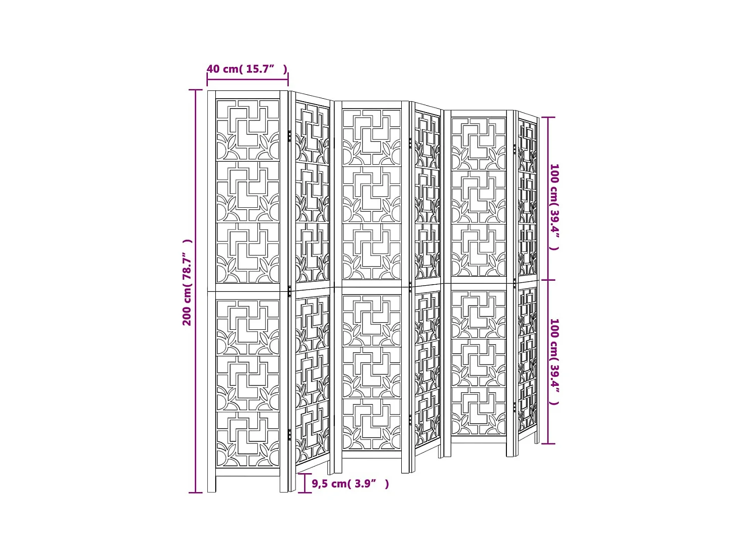 Cloison de séparation 6 panneaux marron bois paulownia massif