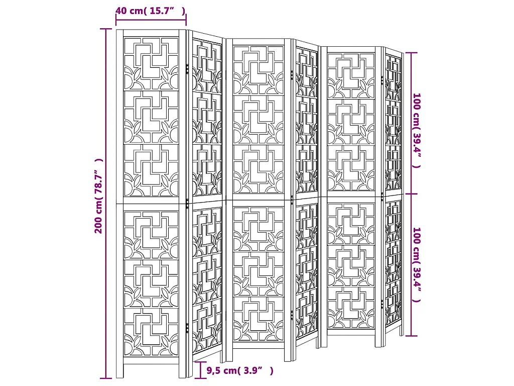 Cloison de séparation 6 panneaux marron bois paulownia massif