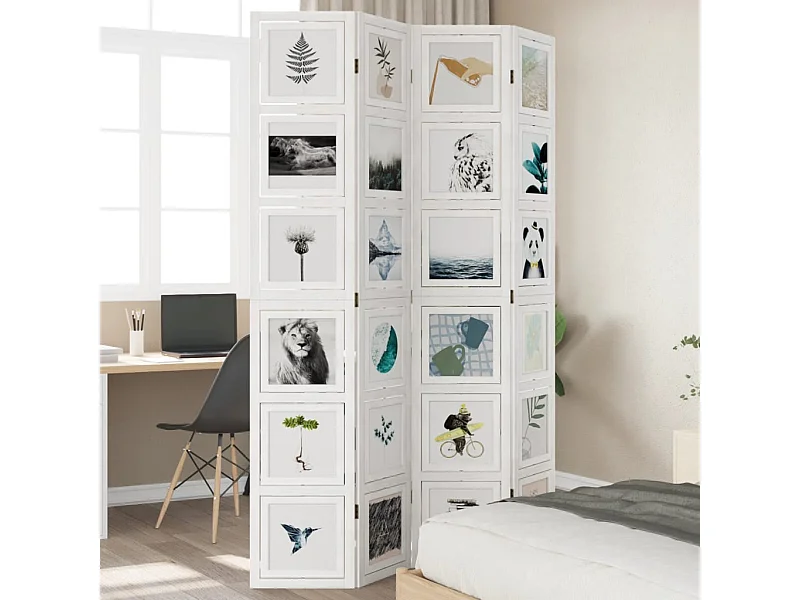 Cloison de séparation 4 panneaux blanc bois de paulownia massif