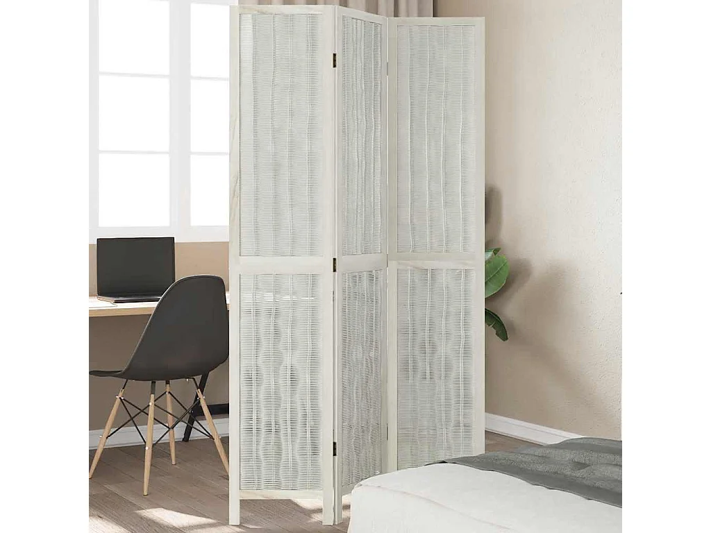 Cloison de séparation 3 panneaux blanc bois de paulownia massif