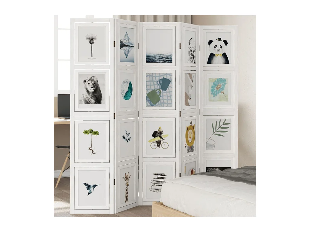 Cloison de séparation 5 panneaux blanc bois de paulownia massif