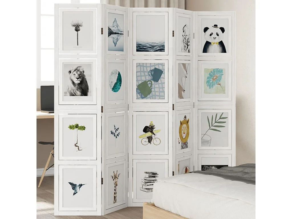 Cloison de séparation 5 panneaux blanc bois de paulownia massif