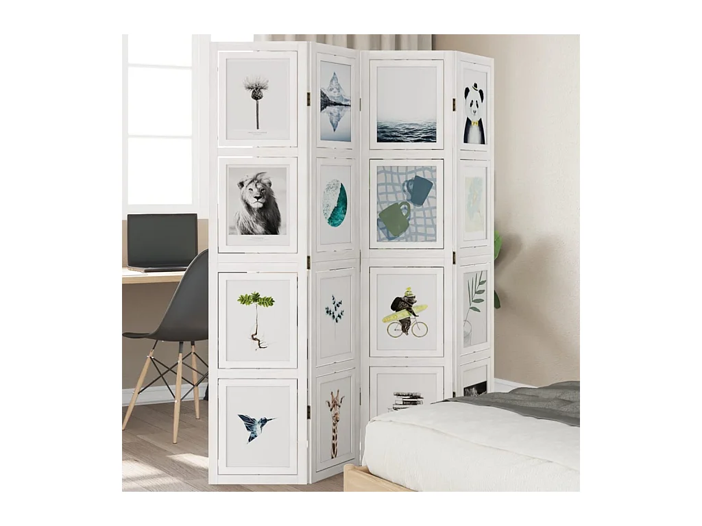 Cloison de séparation 4 panneaux blanc bois de paulownia massif