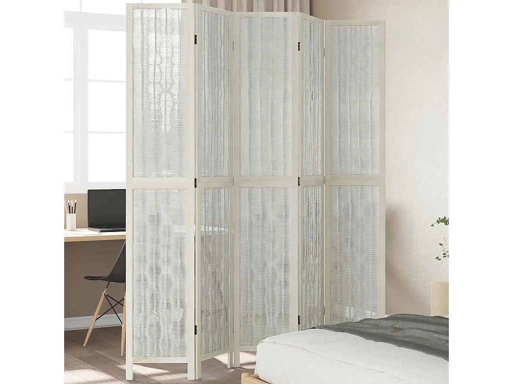 Cloison de séparation 5 panneaux blanc bois de paulownia massif