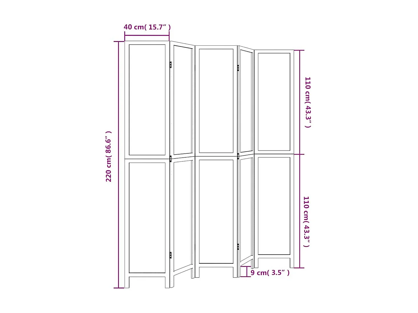 Cloison de séparation 5 panneaux blanc bois de paulownia massif