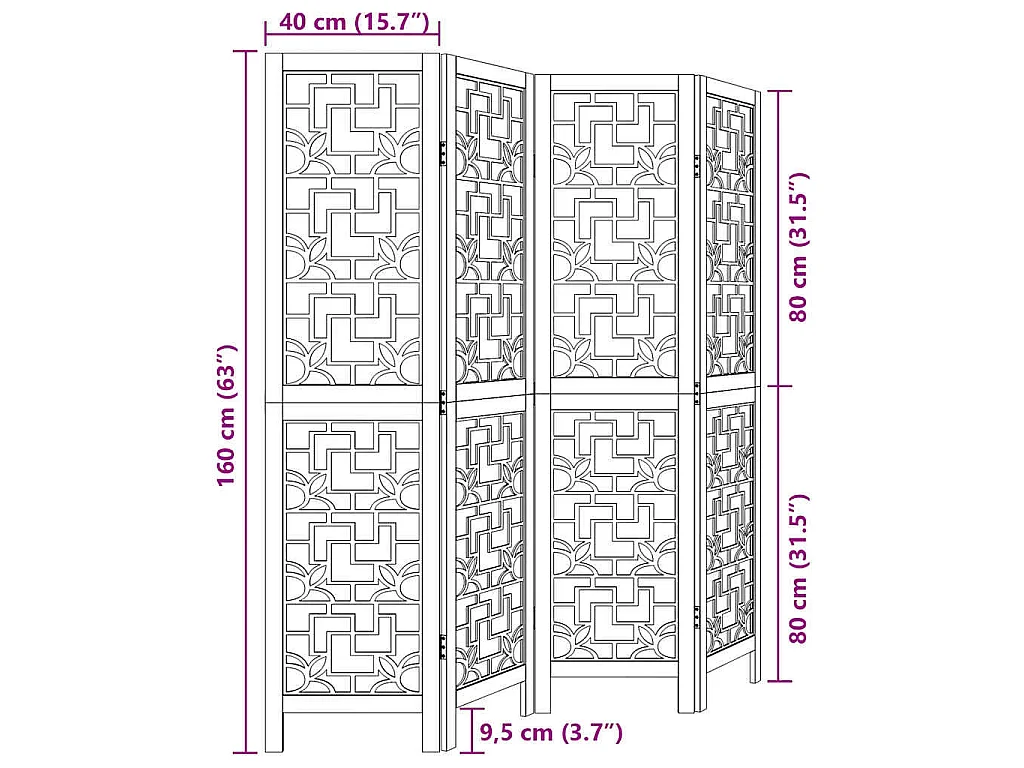 Kamerscherm met 4 panelen massief paulowniahout bruin