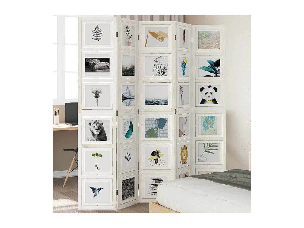 Cloison de séparation 5 panneaux blanc bois de paulownia massif