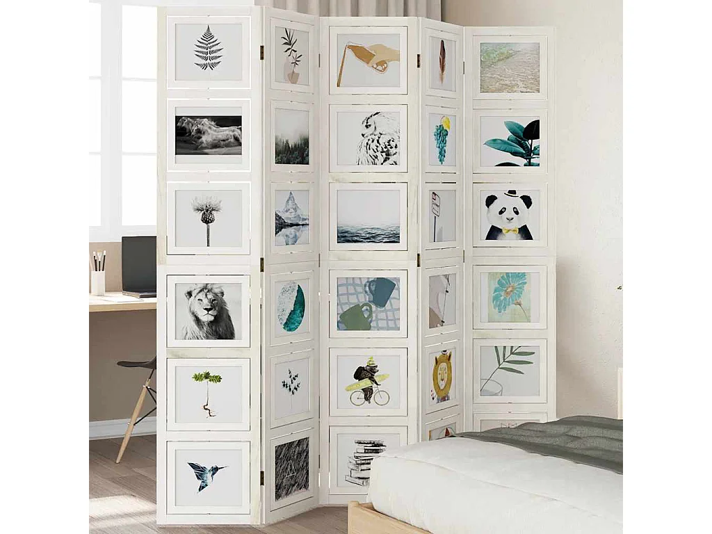 Cloison de séparation 5 panneaux blanc bois de paulownia massif