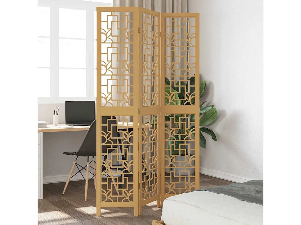 Cloison de séparation 3 panneaux marron bois paulownia massif