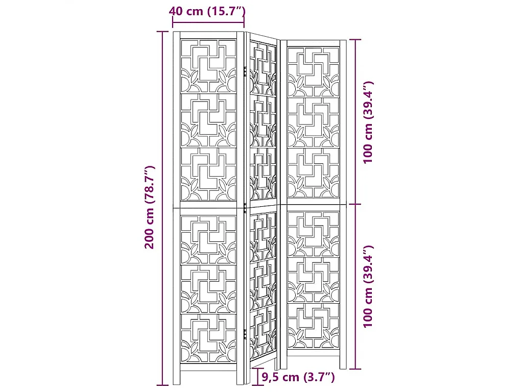 Cloison de séparation 3 panneaux marron bois paulownia massif