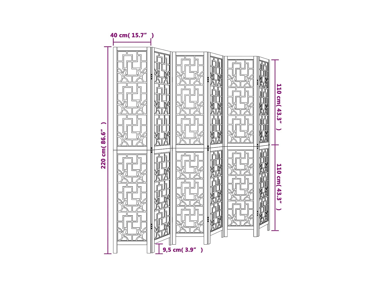 Cloison de séparation 6 panneaux marron bois paulownia massif