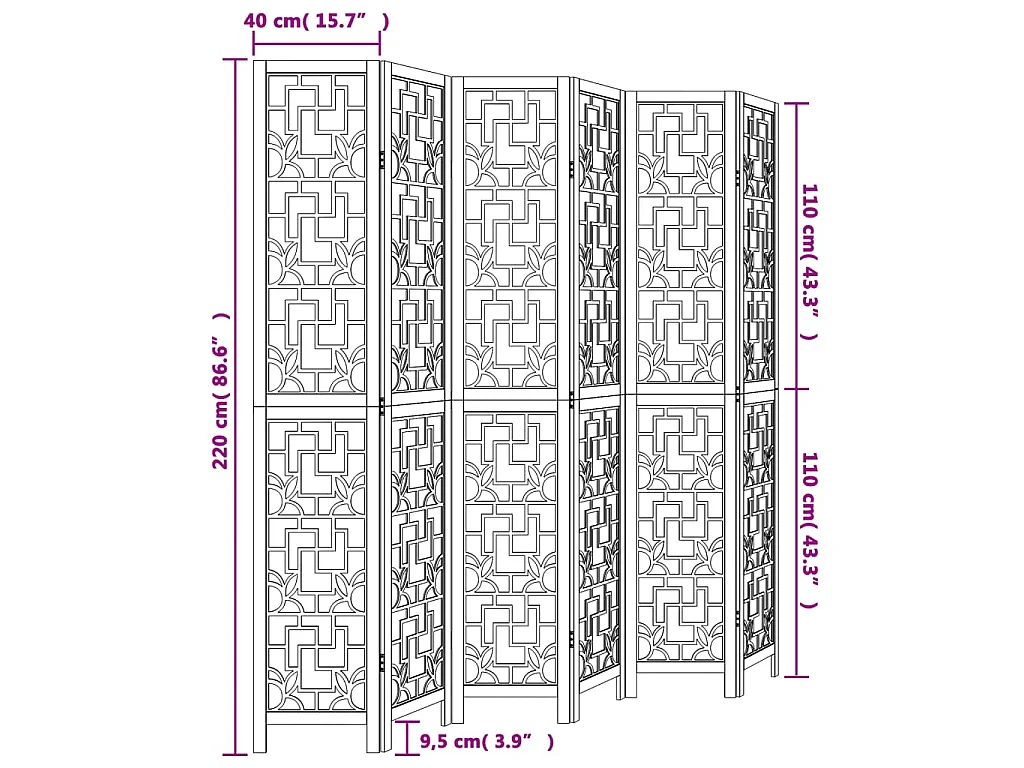 Cloison de séparation 6 panneaux marron bois paulownia massif
