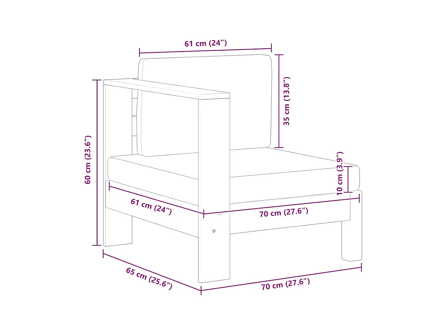 Mittelsofa mit 1 Armlehne Cremeweiß Massivholz Akazie