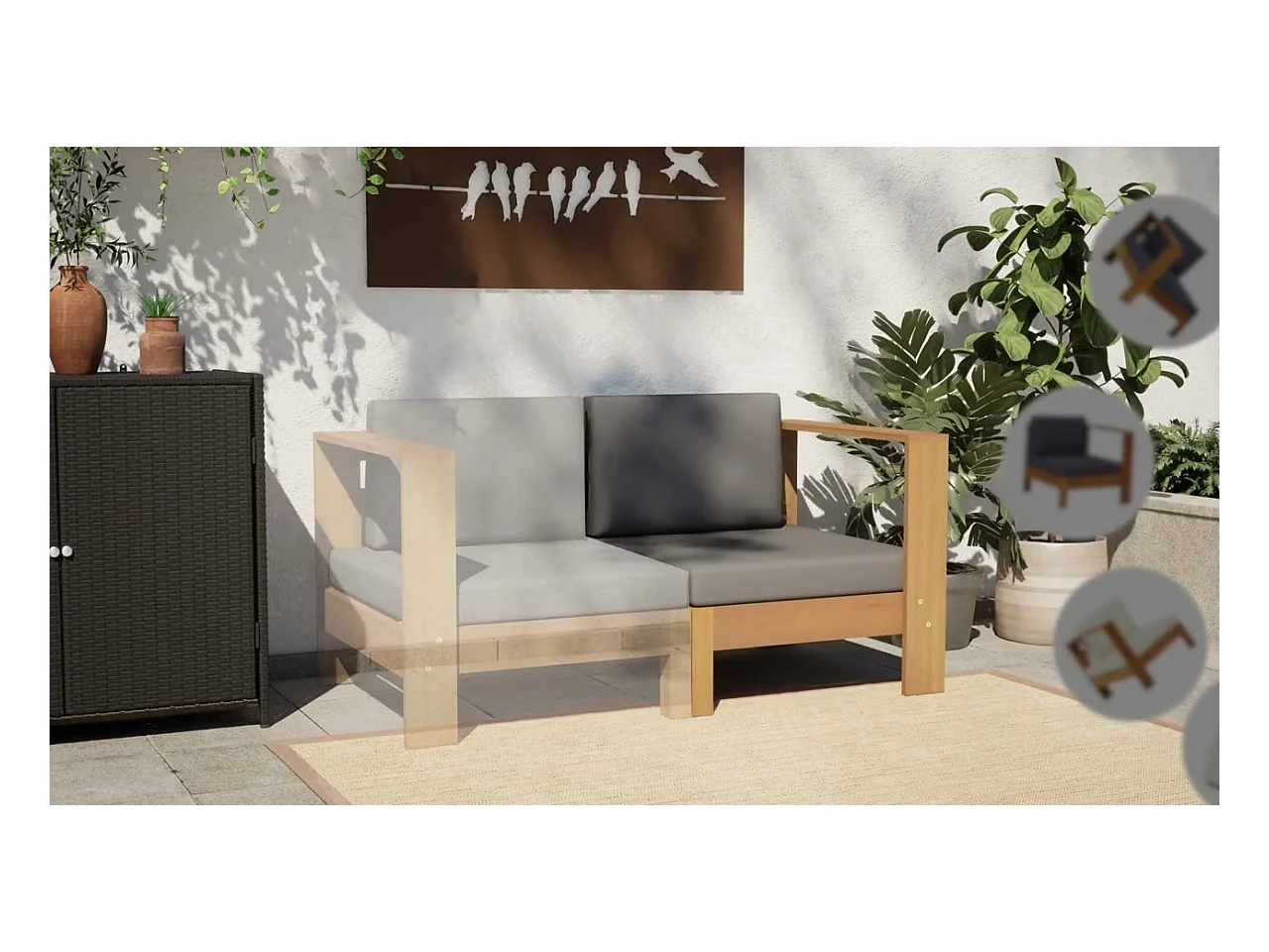 Divano Centrale con 1 Bracciolo Bianco Crema Massello d'Acacia