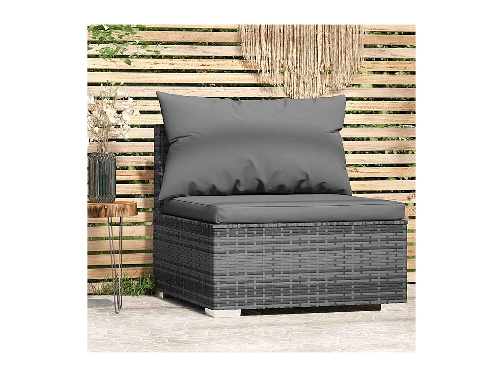 Divano Centrale da Giardino con Cuscini in Polyrattan Grigio