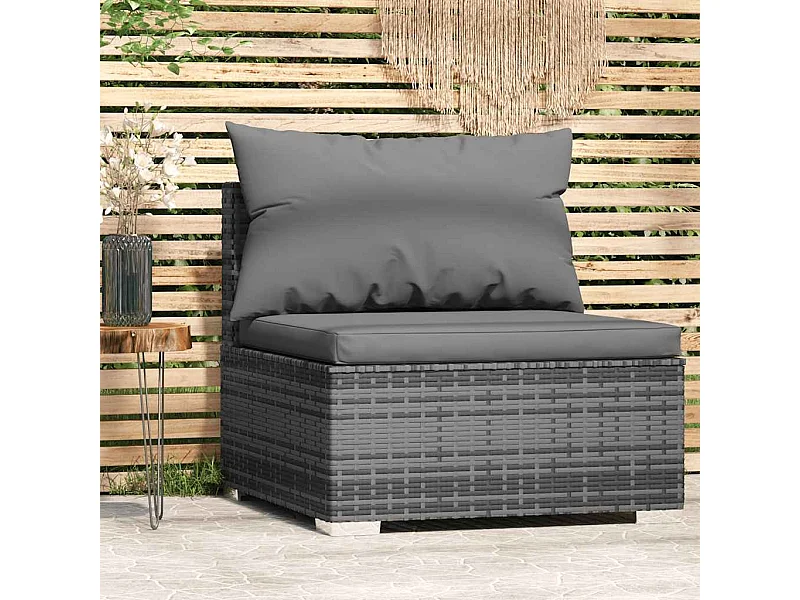 Divano Centrale da Giardino con Cuscini in Polyrattan Grigio