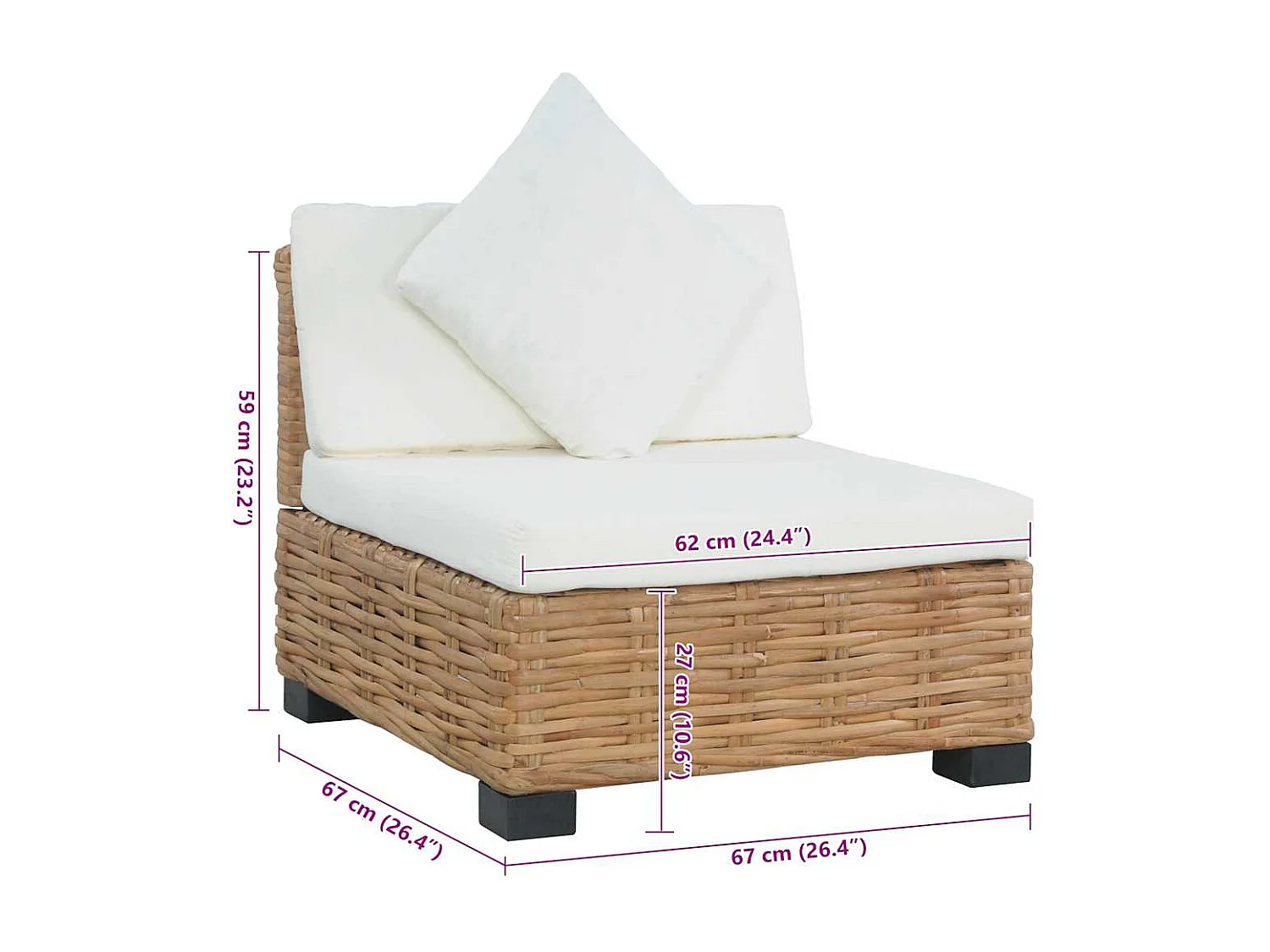 Canapé sans accoudoirs avec coussins Rotin naturel