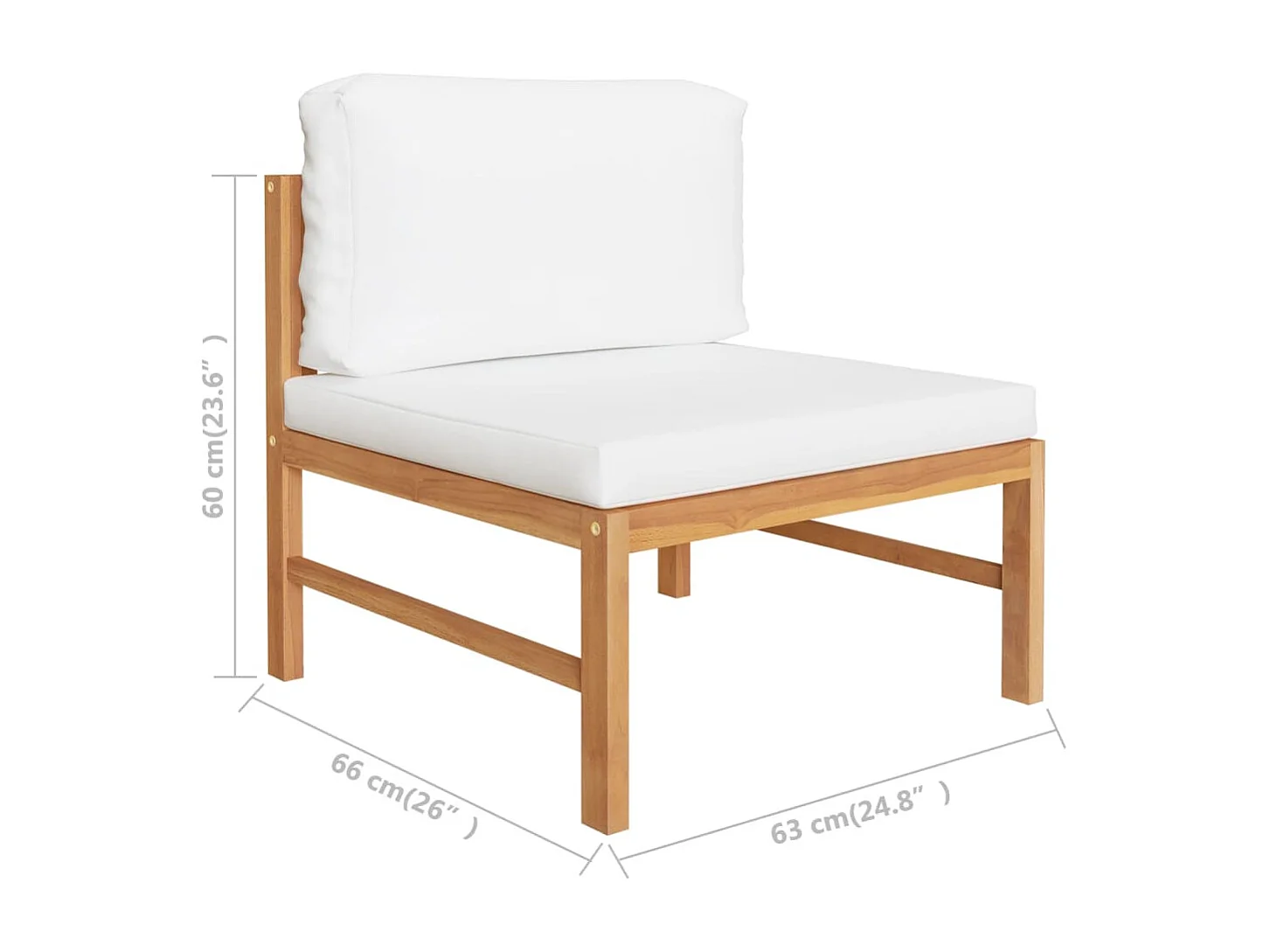 Sofá central de madera maciza de teca con cojines crema