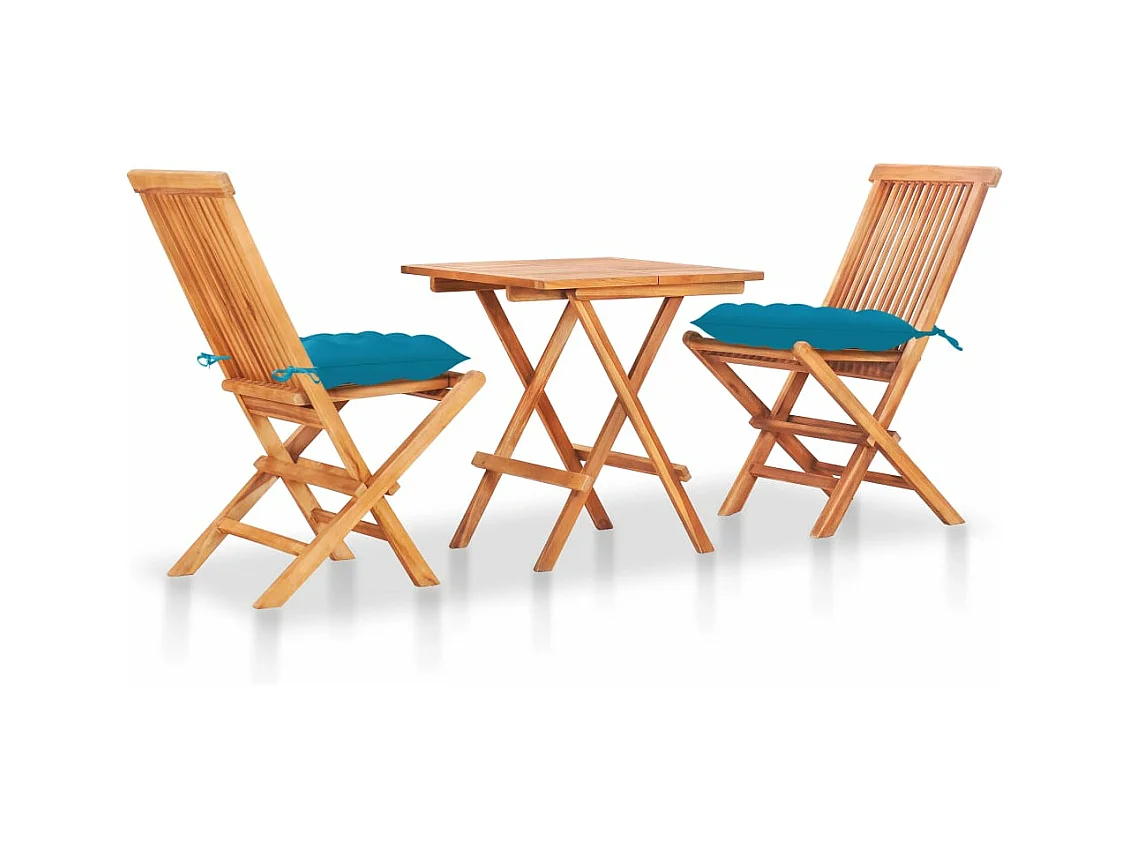 Ensemble de bistro 3 pcs avec coussins bleu clair Bois de teck