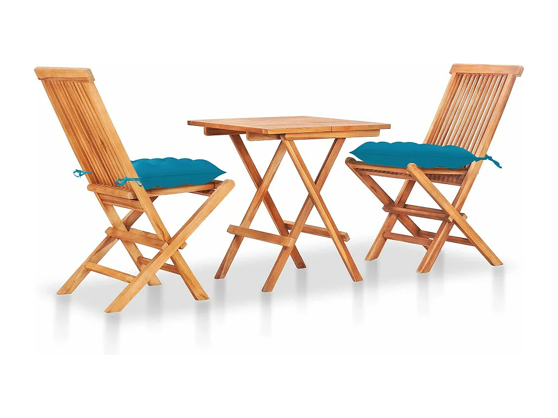 Set da Bistrot 3 pz con Cuscini Azzurri Legno Massello di Teak
