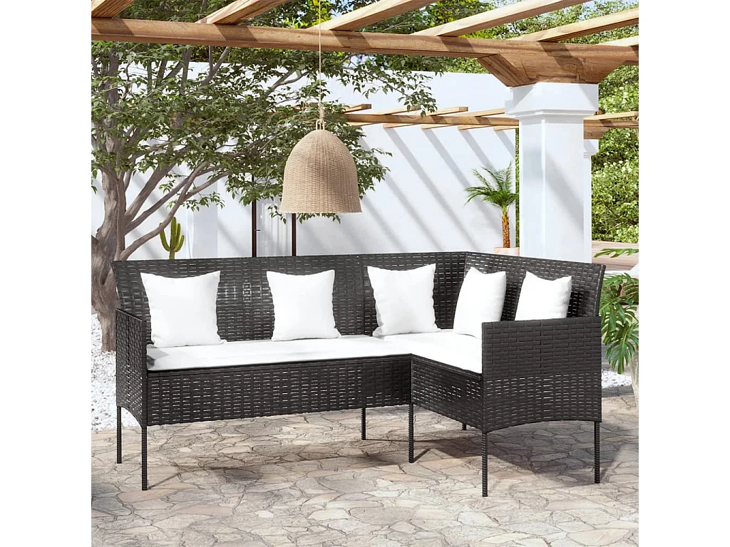 Sofa in L-Form mit Kissen Poly Rattan Schwarz