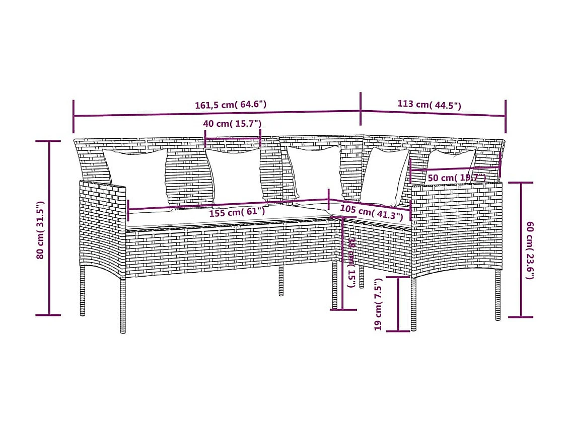 Sofa in L-Form mit Kissen Poly Rattan Schwarz