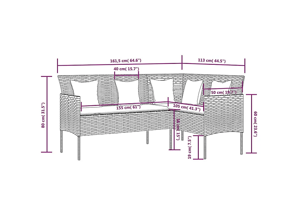 Sofa in L-Form mit Kissen Poly Rattan Schwarz